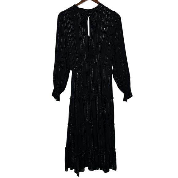 Elan Shimmer Stripe Black Tiered Midi Dress Long Sleeve Tie Neck size Medium - Picture 8 of 8